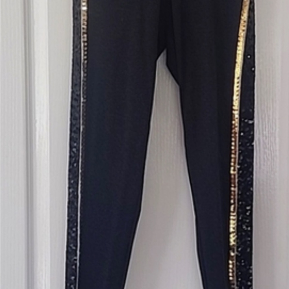 PINK Victoria's Secret Black and Gold Leggings with Side Stripes - Picture 2 of 5